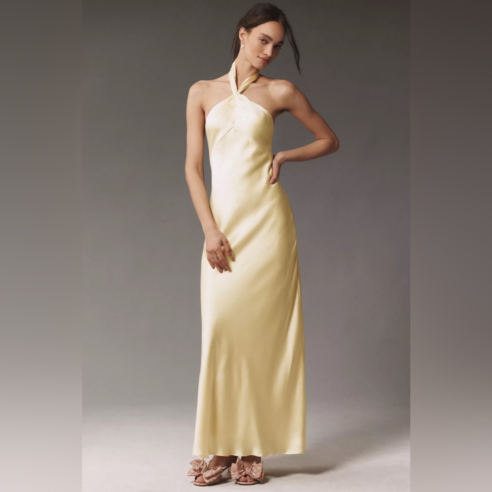 BHLDN Selma Halter-Neck High-Shine Satin Maxi Dress XS in Yellow